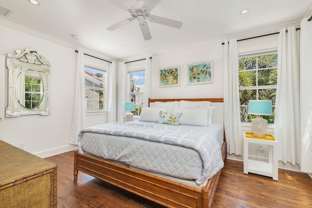 138 Greymon Dr, West Palm Beach, FL 33405 - bedroom with crown molding, visible vents, wood finished floors, recessed lighting, and a ceiling fan