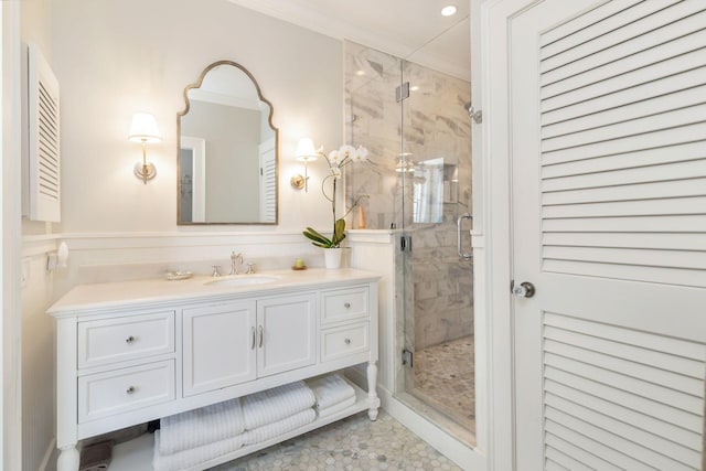138 Greymon Dr, West Palm Beach, FL 33405 - full bath with ornamental molding, a marble finish shower, and vanity