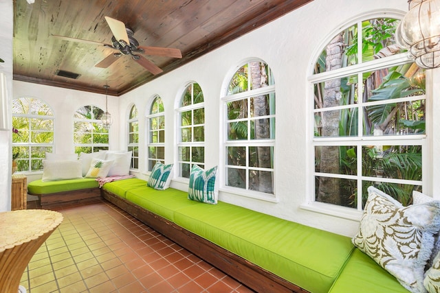 138 Greymon Dr, West Palm Beach, FL 33405 - sunroom featuring tile patterned flooring, wood ceiling, crown molding, and visible vents