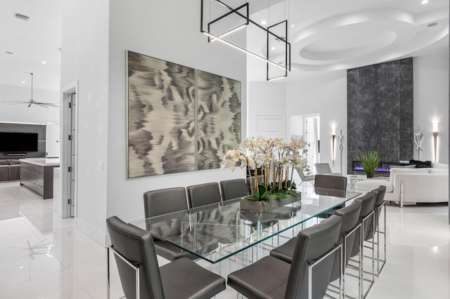 5784 Vintage Oaks Cir, Delray Beach, FL 33484 - dining space with recessed lighting, light tile patterned floors, ceiling fan, and a high ceiling