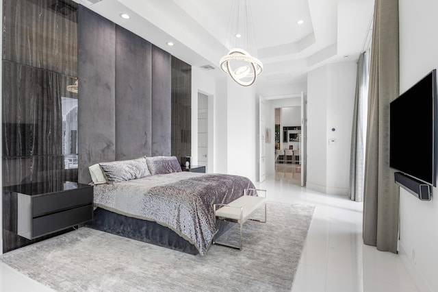 5784 Vintage Oaks Cir, Delray Beach, FL 33484 - bedroom with recessed lighting, a raised ceiling, a notable chandelier, and light tile patterned flooring