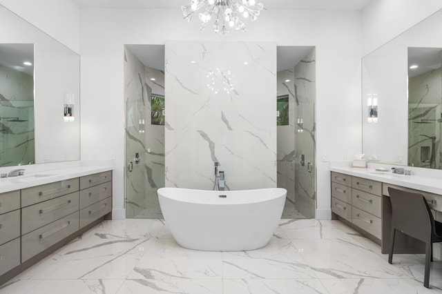 5784 Vintage Oaks Cir, Delray Beach, FL 33484 - full bathroom featuring a chandelier, marble finish floor, a freestanding tub, a sink, and a marble finish shower