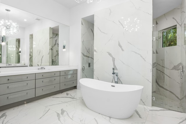 5784 Vintage Oaks Cir, Delray Beach, FL 33484 - full bath featuring a soaking tub, stone wall, a marble finish shower, vanity, and marble finish floor