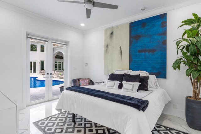 5784 Vintage Oaks Cir, Delray Beach, FL 33484 - bedroom featuring recessed lighting, access to outside, marble finish floor, french doors, and crown molding