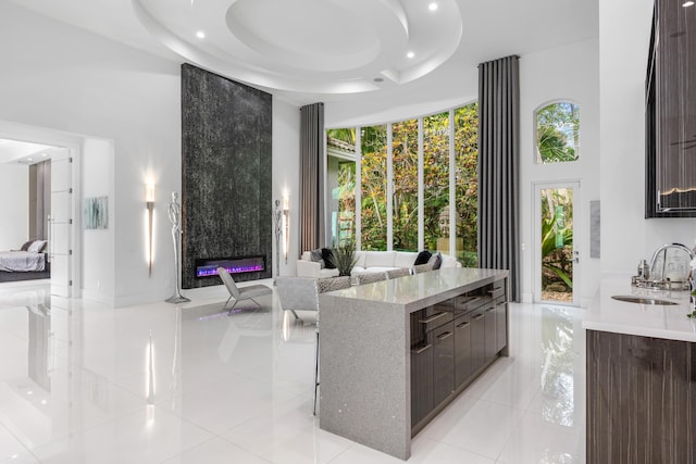5784 Vintage Oaks Cir, Delray Beach, FL 33484 - interior space with a fireplace, open floor plan, a high ceiling, and a sink