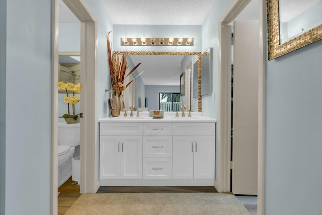 full bathroom featuring double vanity, toilet, a sink, and wood finished floors