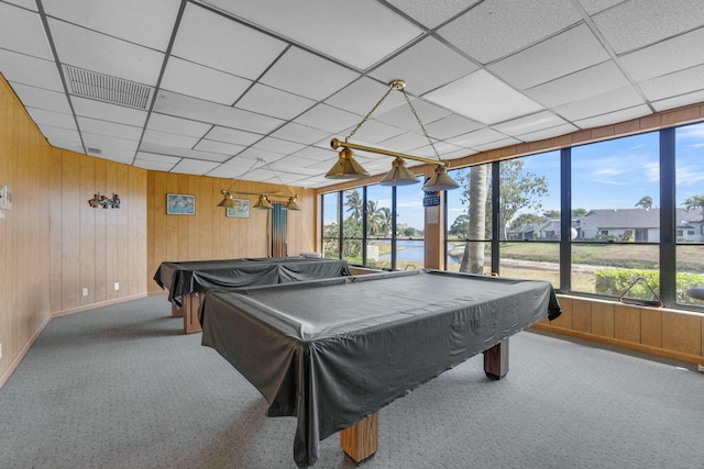 recreation room with plenty of natural light, billiards, and carpet