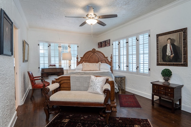 bedroom with crown molding, a textured wall, hardwood / wood-style flooring, and a textured ceiling