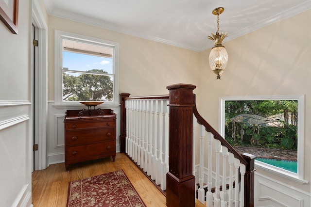 staircase featuring wood finished floors and crown molding