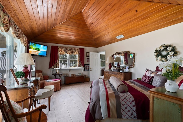 bedroom with wood ceiling, vaulted ceiling, and visible vents