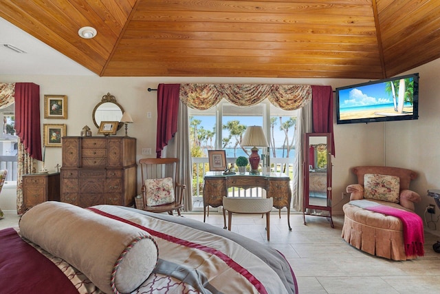bedroom featuring wood ceiling, access to outside, and visible vents