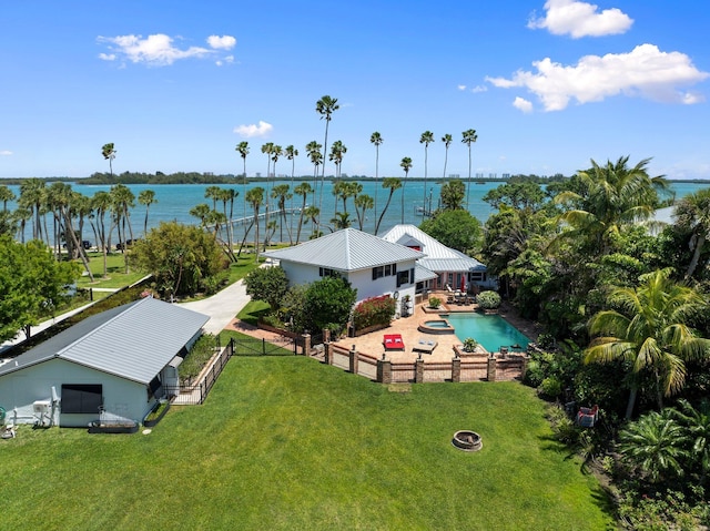 drone / aerial view with a water view