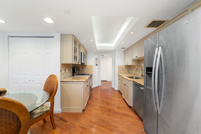 4301 N Ocean Blvd Unit 203, Boca Raton, FL 33431 - kitchen with backsplash, stainless steel appliances, visible vents, and a sink