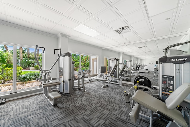 4301 N Ocean Blvd Unit 203, Boca Raton, FL 33431 - gym with visible vents, carpet floors, and ornamental molding