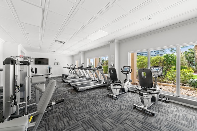 4301 N Ocean Blvd Unit 203, Boca Raton, FL 33431 - exercise room with dark carpet, crown molding, and visible vents