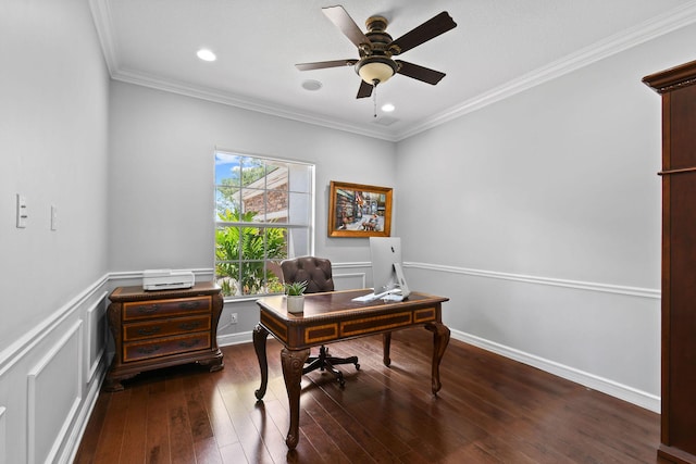 869 SW Habitat Ln, Palm City, FL 34990 - home office featuring ornamental molding, ceiling fan, wood-type flooring, a decorative wall, and wainscoting