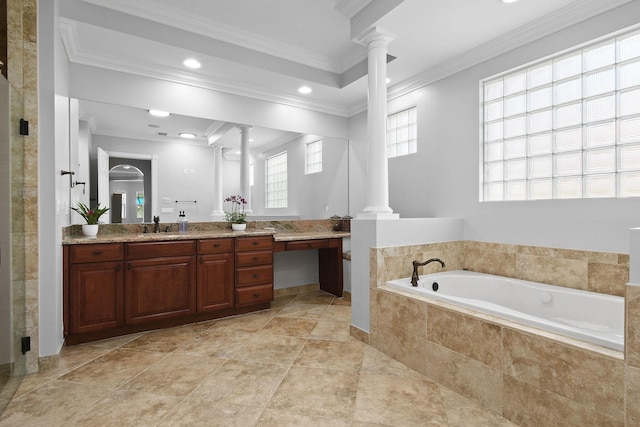 869 SW Habitat Ln, Palm City, FL 34990 - bathroom featuring ornate columns, vanity, a garden tub, a stall shower, and ornamental molding