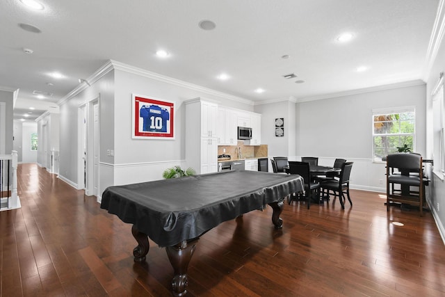 869 SW Habitat Ln, Palm City, FL 34990 - rec room featuring dark wood-style floors, a sink, recessed lighting, crown molding, and baseboards