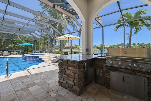 869 SW Habitat Ln, Palm City, FL 34990 - view of swimming pool featuring a patio area, glass enclosure, and a pool with connected hot tub
