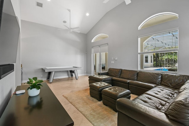 869 SW Habitat Ln, Palm City, FL 34990 - living room with a ceiling fan, high vaulted ceiling, french doors, recessed lighting, and tile patterned flooring