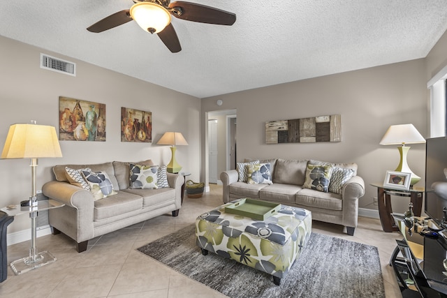 213 Pine Hov Cir Unit B-1, Greenacres, FL 33463 - living room featuring a textured ceiling, visible vents, baseboards, and a ceiling fan