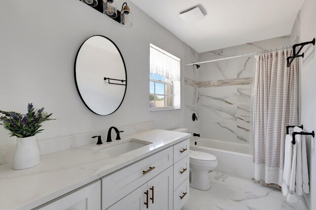 full bath with shower / bath combo, marble finish floor, vanity, and toilet