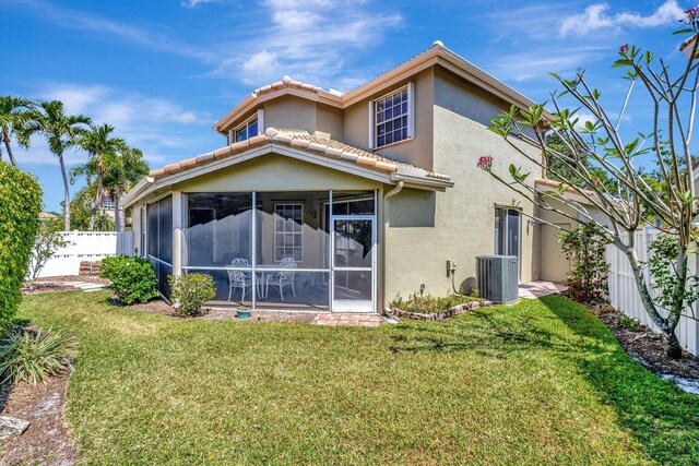 rear view of house featuring central air condition unit, a tiled roof, a fenced backyard, stucco siding, and a sunroom