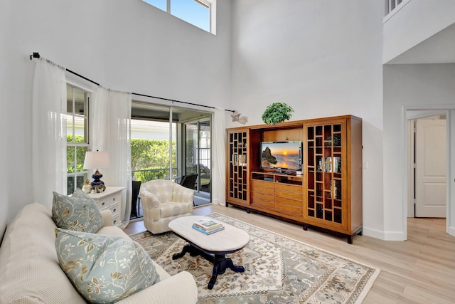 living room with baseboards, wood finished floors, and a towering ceiling