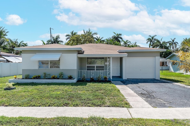 ranch-style house featuring an attached garage, aphalt driveway, a front lawn, and covered porch
