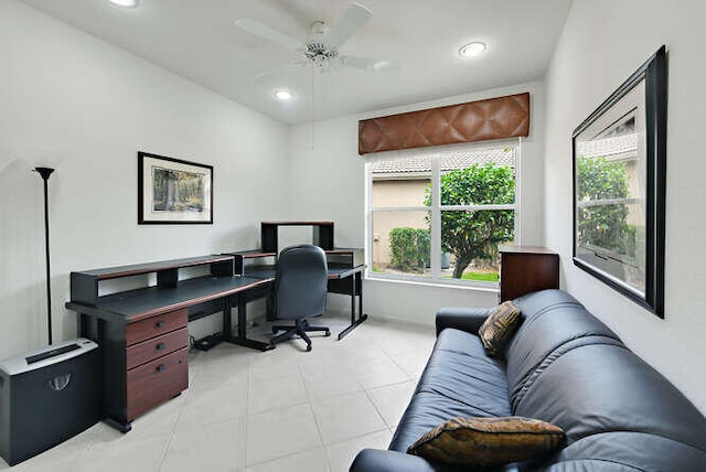office featuring a ceiling fan, recessed lighting, and light tile patterned floors