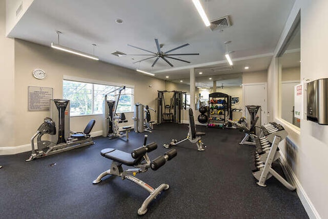 workout area featuring baseboards, a ceiling fan, visible vents, and recessed lighting