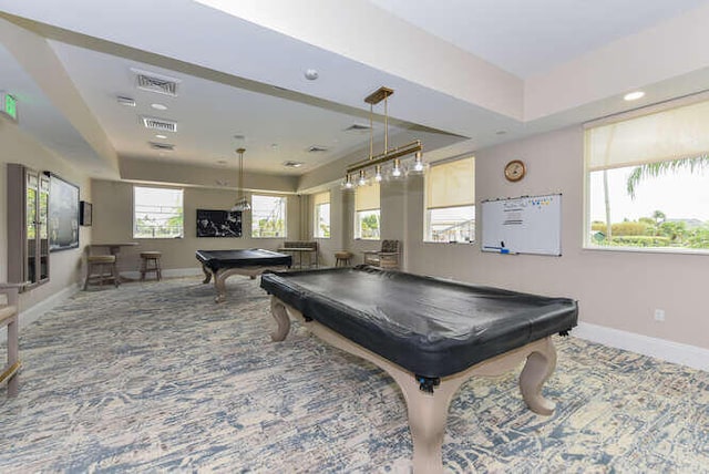 game room featuring a tray ceiling, visible vents, baseboards, carpet, and pool table