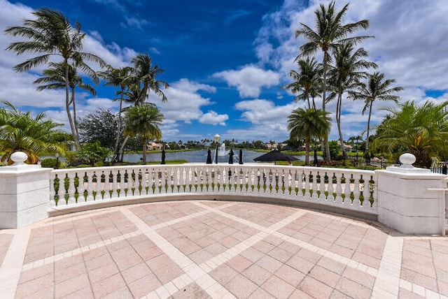 view of patio / terrace with a water view