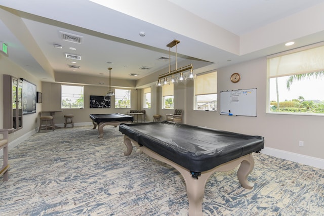 11654 Caracas Blvd, Boynton Beach, FL 33437 - game room with visible vents, baseboards, a tray ceiling, billiards, and carpet