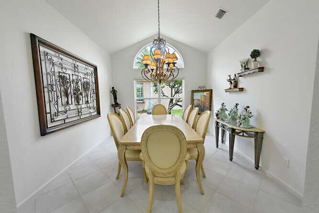 dining space featuring a chandelier, vaulted ceiling, visible vents, and baseboards