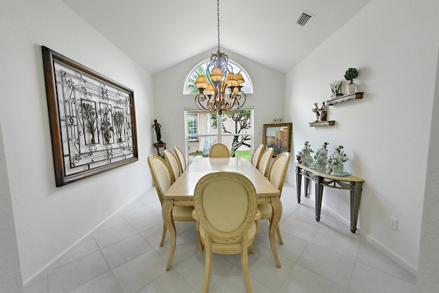 11654 Caracas Blvd, Boynton Beach, FL 33437 - dining area with visible vents, baseboards, lofted ceiling, and a chandelier