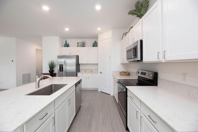 7568 NW Deysbrook Ln, Port Saint Lucie, FL 34987 - kitchen featuring white cabinetry, a sink, appliances with stainless steel finishes, visible vents, and recessed lighting