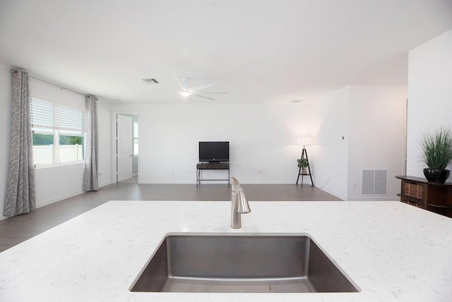 7568 NW Deysbrook Ln, Port Saint Lucie, FL 34987 - kitchen featuring open floor plan, visible vents, ceiling fan, and a sink