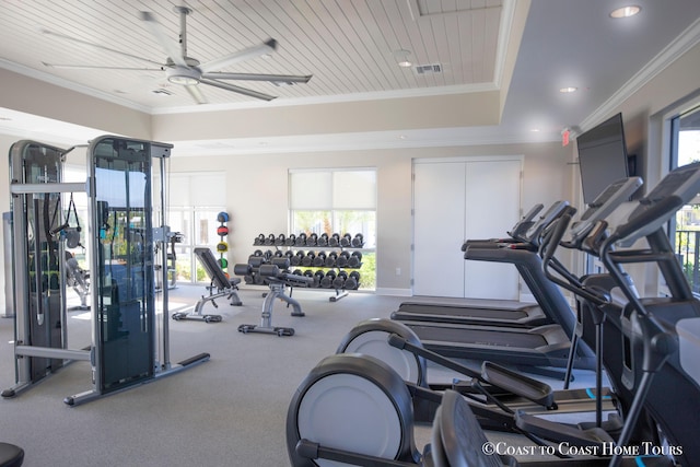 7568 NW Deysbrook Ln, Port Saint Lucie, FL 34987 - gym featuring ornamental molding, a healthy amount of sunlight, ceiling fan, and visible vents