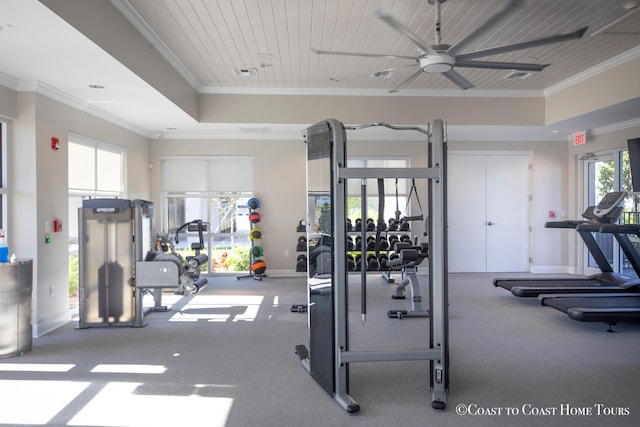 7568 NW Deysbrook Ln, Port Saint Lucie, FL 34987 - gym with baseboards, visible vents, ceiling fan, and crown molding