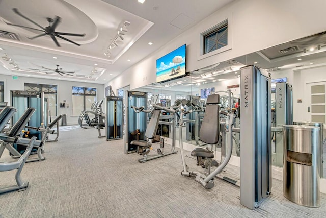 12408 Banner Ct, Palm Beach Gardens, FL 33412 - exercise room with a ceiling fan, carpet flooring, and recessed lighting
