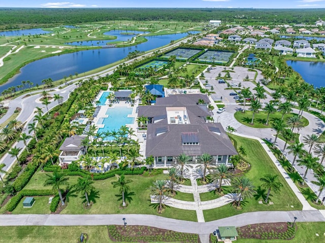 12408 Banner Ct, Palm Beach Gardens, FL 33412 - aerial view of property and surrounding area featuring a large body of water, nearby suburban area, a pool area, and a golf club
