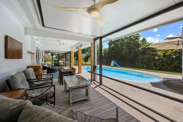 16629 74th Ave N, Palm Beach Gardens, FL 33418 - outdoor pool featuring an outdoor living space, a ceiling fan, and a patio area