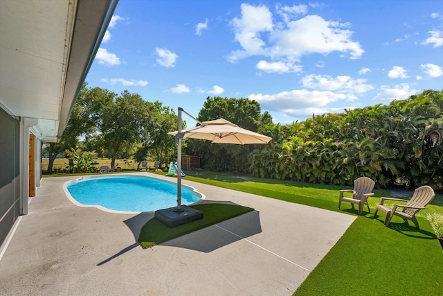 16629 74th Ave N, Palm Beach Gardens, FL 33418 - view of swimming pool with a fenced in pool, a playground, a patio area, and a yard