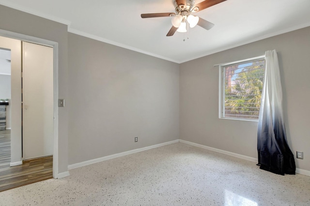 953 Churchill Rd, West Palm Beach, FL 33405 - empty room featuring crown molding, a ceiling fan, baseboards, and speckle patterned floor
