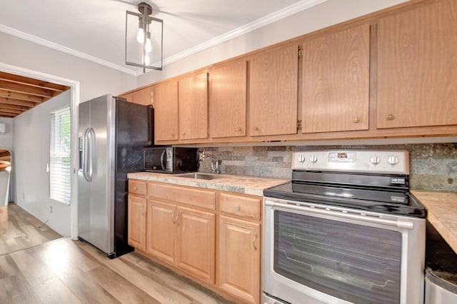953 Churchill Rd, West Palm Beach, FL 33405 - kitchen with appliances with stainless steel finishes, light brown cabinetry, a sink, light wood-style flooring, and light countertops