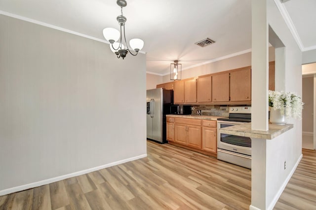 953 Churchill Rd, West Palm Beach, FL 33405 - kitchen featuring appliances with stainless steel finishes, light countertops, light wood-type flooring, ornamental molding, and backsplash