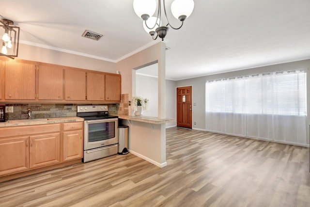 953 Churchill Rd, West Palm Beach, FL 33405 - kitchen with stainless steel range with electric cooktop, light countertops, tasteful backsplash, light wood-style floors, and a chandelier