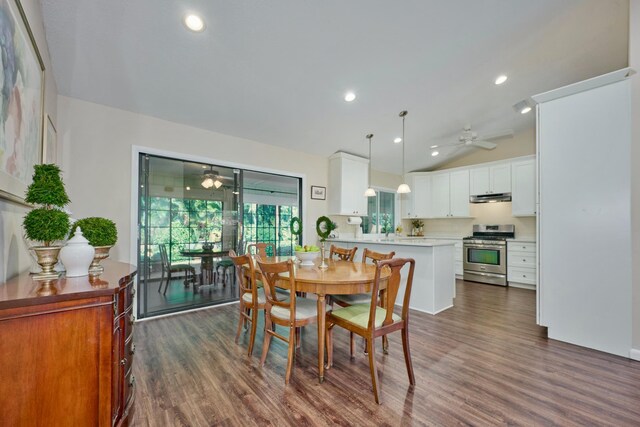 527 10th Ct, Vero Beach, FL 32962 - dining area with ceiling fan, dark wood finished floors, vaulted ceiling, and recessed lighting