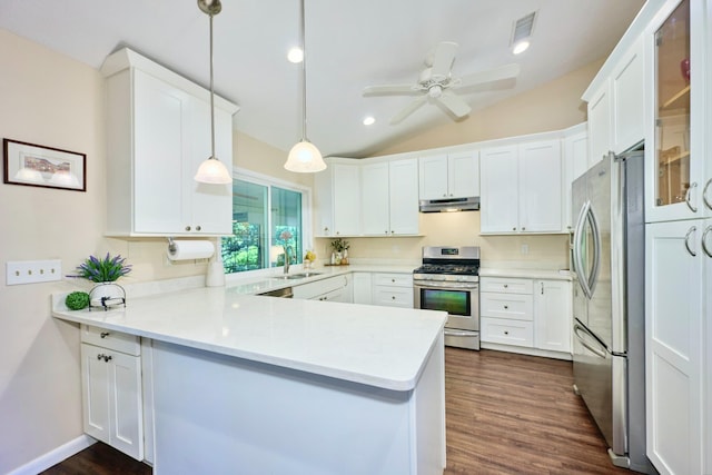 527 10th Ct, Vero Beach, FL 32962 - kitchen featuring appliances with stainless steel finishes, a peninsula, white cabinetry, under cabinet range hood, and lofted ceiling